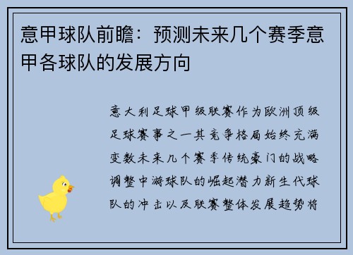 意甲球队前瞻：预测未来几个赛季意甲各球队的发展方向